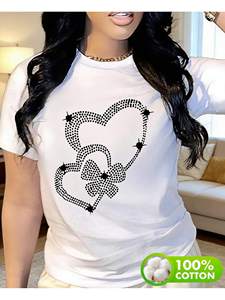 T-shirt casual da donna taglie forti girocollo a maniche corte con stampa a cuore in puro cotone vestibilità regolare per tutte le stagioni - Product Image 3