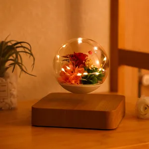 HCNT Magnetic Levitating Lamp LED Bulb Preserved Flower Real Pink Rose Eternal Floating Light for Gifts - Wood Grain Base