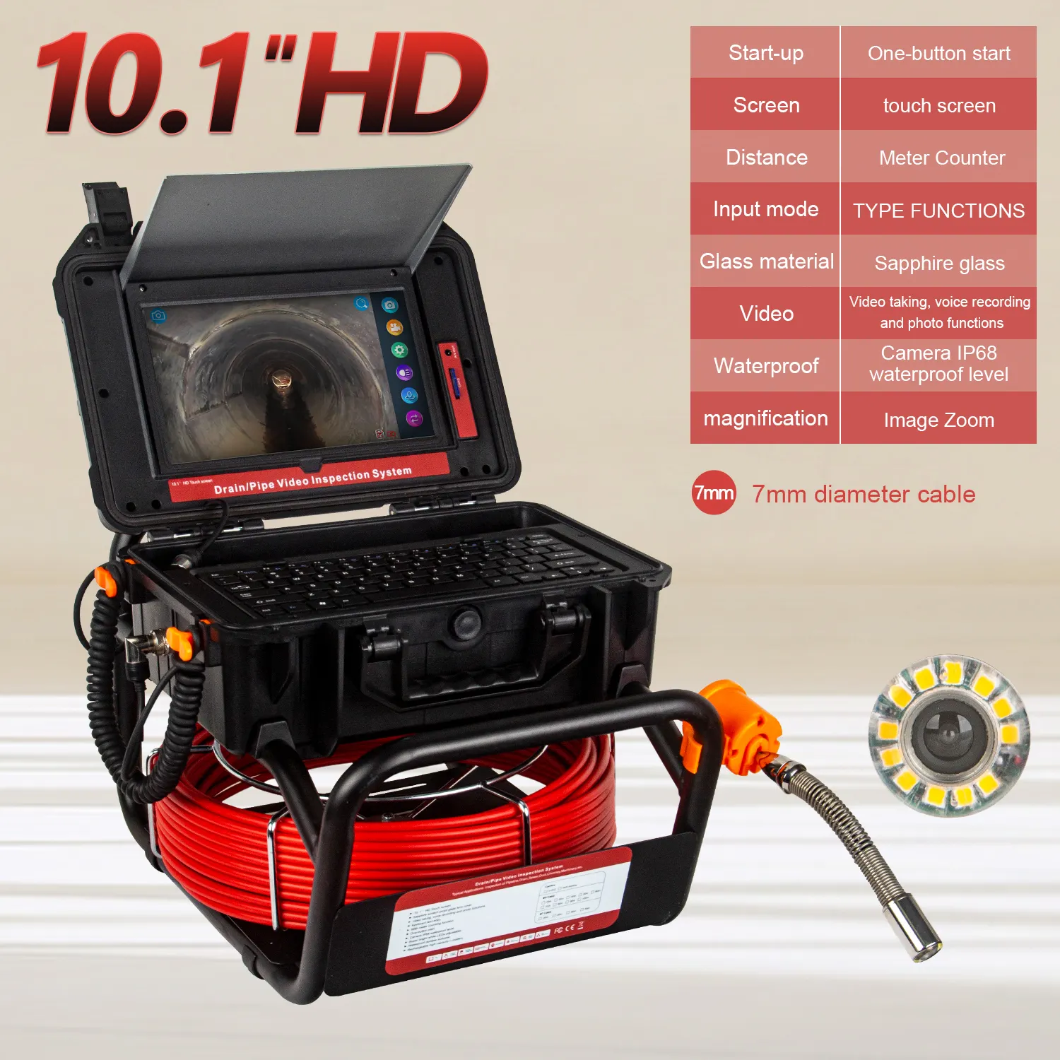 10,1 Zoll HD 1080P Touchscreen, 512Hz Sonde Selbst nivellierende Kanal kamera Zähler und 8GB DVR Video Pipe Inspection Kamera