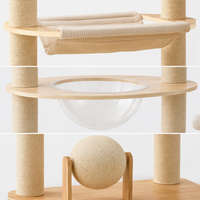 Arbre à chat en bois de chêne W4 132cm, tour à chat multi-niveaux avec boule de sisal rotative, hamac en toile, gamelle en acrylique, nid en peluche et sisal pour chats