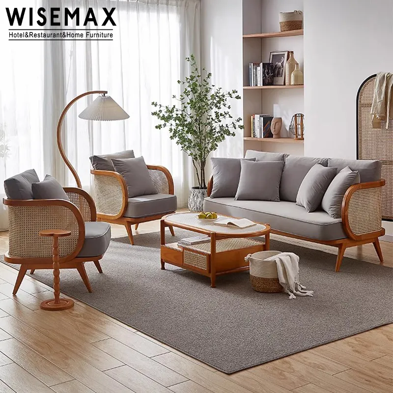 Wisemax Meubels Retro Stijl Woonkamer Set Massief Hout En Rotan Frame 3-zits Bank Voor Hotel Home Villa