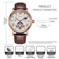Montre mécanique automatique de luxe pour homme, phase de lune, cadran squelette à cœur ouvert, bracelet en cuir étanche, montre-bracelet de style professionnel