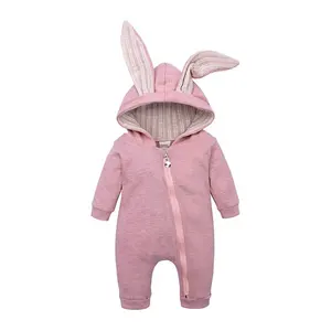 大きなウサギの耳が付いた長袖の新生児服ジャンプスーツフード付きジッパーピンクの女の子の男の子の服