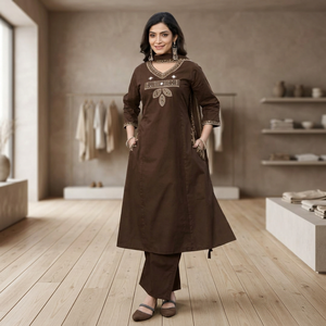 Robes Kurta brodées marron à manches trois quarts, coupe trapèze ample, tenue décontractée pour femmes, 100% coton, détails faits main - Product Image 2