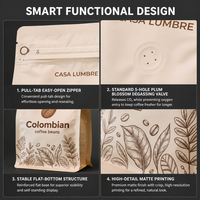 Pochette à fond plat personnalisée pour l'emballage de grains de café torréfiés, sac en mylar mat crème avec fermeture éclair à languette et valve