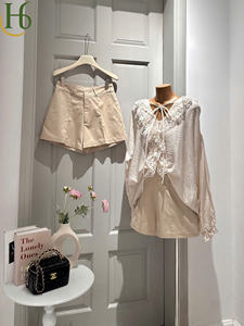 Lace Trim Ruffle Neck Shorts Set Vietnam Casual Chic V Neck Long Sleeve <b>Linen</b> Blend <b>Two</b> <b>Piece</b> Shorts Set - Product Image 5