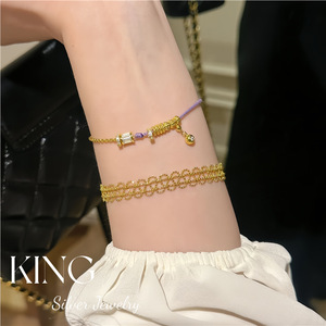 King Silver Jewelry S925 Sterling Silver Gold Plated Lavender <b>Rope</b> <b>Bracelet</b> Geometric Design Unisex Everyday Wear - Product Image 4