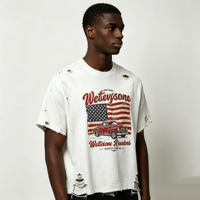 T-shirt DTG personnalisé Kornit, style streetwear, imprimé voiture et drapeau vintage, effet vieilli et déchiré, grammage lourd, fabrication OEM