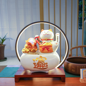Lucky <b>Cat</b> Water Fountain Feng Shui Ornament Resin Ceramic Round Chinese New Year <b>Gift</b> Desk Supplies - Product Image 1