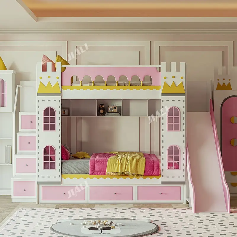 Litera de princesa con castillo de madera rosa para niños y niñas, cama de princesa con escalera de almacenamiento deslizante