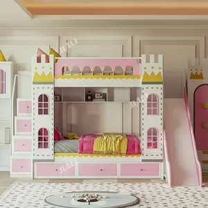 ピンクの木製の城プリンセス二段ベッドキッズプリンセス子供用ベッド子供用キッズガールスライド収納階段付き