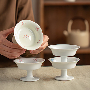 Assiette à fruits en céramique rétro chinoise, ronde, en porcelaine, sur pied haut, pour les fêtes à la maison, les collations, le thé, les desserts - Product Image 2