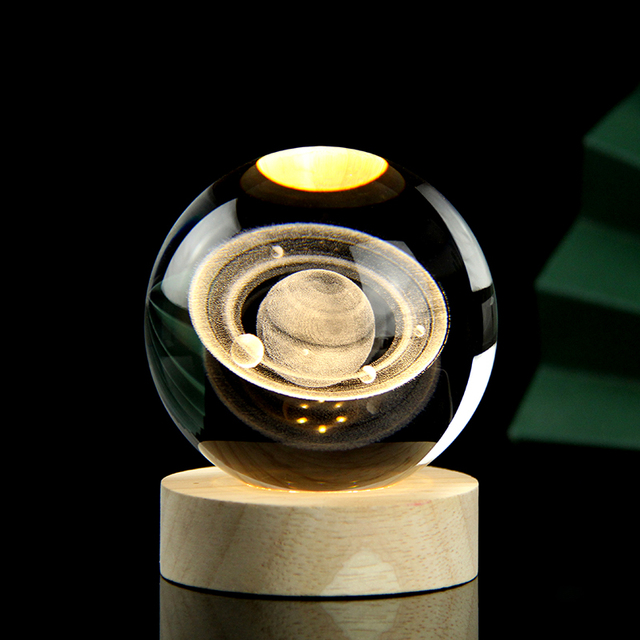 Crystal Ball Crystal Saturn Planet Globe 3D Laser Engraved Solar System Galaxy Ball With LED Light Base