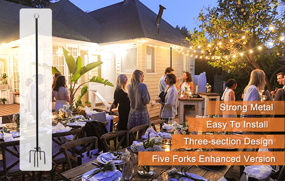 JHMech Bistro String Light Poles ODM Backyard 5 Prong Fork 9 ft Black