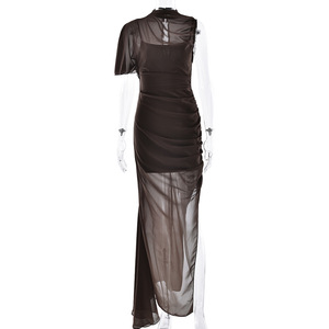 Elegante Vestido de Noche Largo de Gasa para Mujer, Cuello Alto, Asimétrico, Sin Mangas, Translúcido, Largo hasta el Suelo, Vestido Formal - Product Image 5