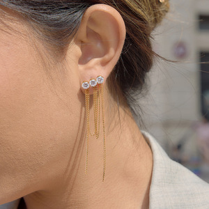 Drop <b>Earrings</b> With White Round Zircon And Chain <b>Tassel</b> For Party Women Stainless Steel Prong Setting Jewelry - Product Image 4