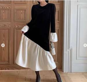 Robe chemise élégante Enyami en velours noir et blanc avec détails contrastés, satin, nouveau design <span class=keywords><strong>chic</strong></span>, patchwork, coupe sirène ample - Product Image 1