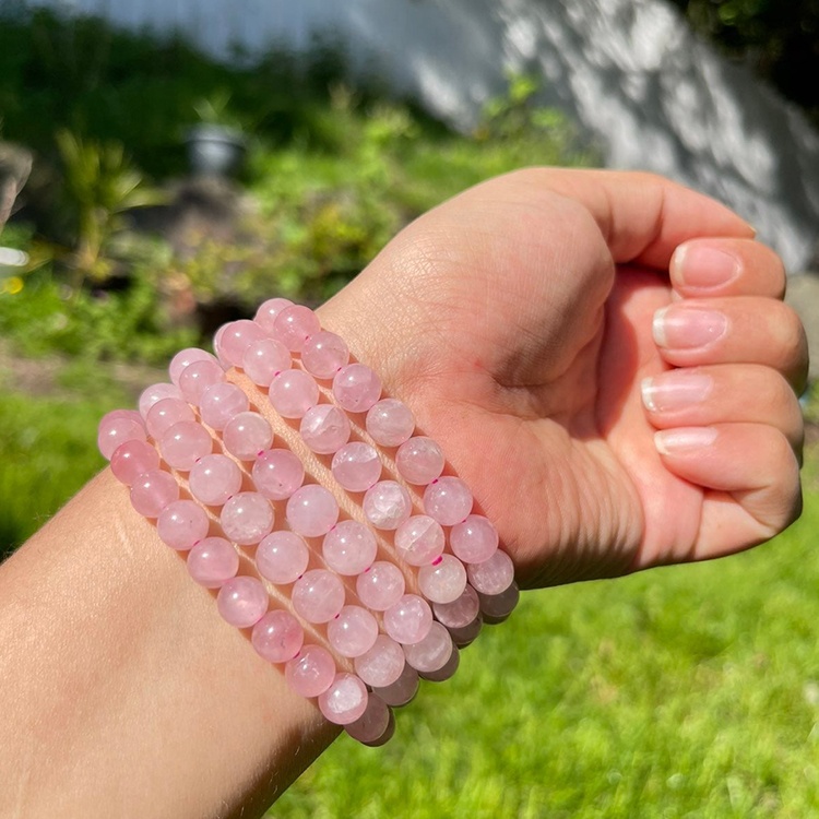 8mm Cristal de Quartzo Rosa Pedra De Energia Natural Beads Elastic Stretchable Pulseira Poder de Cura