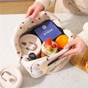 Portable Insulated Lunch Bag Corduroy Strawberry Pattern With Ice Pack For Work Casual Style - Product Image 2