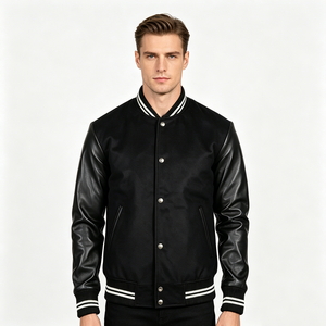 Veste universitaire classique personnalisée pour homme, veste bomber de baseball streetwear unie avec manches en similicuir et poignets rayés - Product Image 3