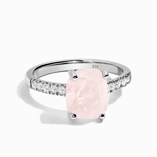 Fashion 925 Silver Pink Natural Rose Quartz Ring Crystal Wrapped With Silver Jewelry For Lady