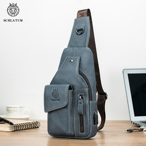 SCHLATUM 100% 牛皮蓝色休闲男士USB横身胸吊带包，带手机袋和耳机孔 - Product Image 1