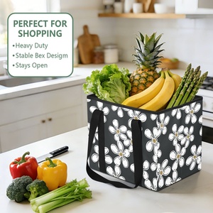 HawaiianHau Flower Pattern Black <b>Collapsible</b> Utility <b>Storage</b> Tote Custom Print Heavy Duty Foldable Reusable Grocery Shopping Bag - Product Image 5