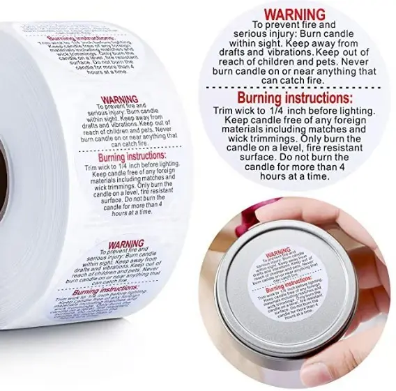 Custom adhesive candle production safety instruction warning labels sticker roll