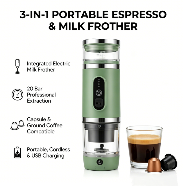 Kingze Fully Automatic Rechargeable Portable Espresso Coffee Maker Smart Capsule Machine with Milk Foam