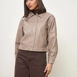 Retro revers bruin leren PU korte motorjas met 3D-patroon, knoopsluiting, casual, <span class=keywords><strong>petite</strong></span>, veelzijdige damesblouse - Product Image 4