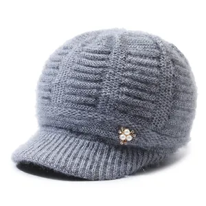 Topi rajut wol untuk wanita, topi rajut Fashion kasual tebal dan mewah isolasi wol rami warna Solid, topi hangat serbaguna