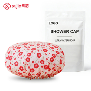 Sujie – <span class=keywords><strong>Bonnet</strong></span> <span class=keywords><strong>de</strong></span> douche élégant pour <span class=keywords><strong>femme</strong></span>, motif petite fleur rouge, en PE imperméable et sûr, confortable et portable pour la douche quotidienne - Product Image 1