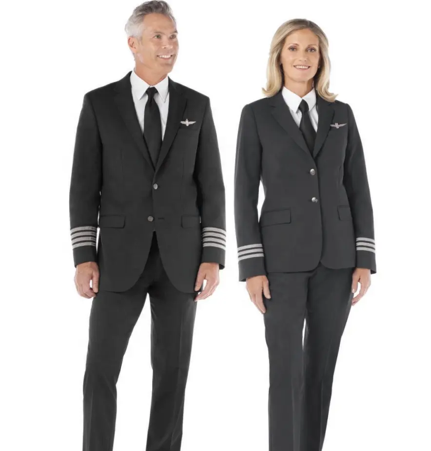 Traje de vuelo de diseño clásico para hombre y mujer, uniforme de piloto de capitán de línea aérea americana personalizado, color gris, de alta calidad