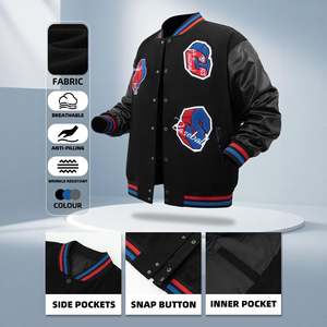 Chaqueta Bomber Varsity Vintage Personalizada de Alta Calidad, Chaqueta Cortavientos Bordada con Logotipo en la Manga de Algodón, Cuello en V, Unisex - Product Image 4