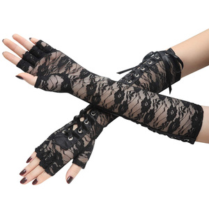 Guantes sin dedos con cordones, estilo gótico largo de malla negra para fiesta de disfraces de Halloween - Product Image 2