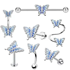 New Oil Drop Diamond Butterfly Navel Ring Piercing Jewelry Ear Bone Stud Industrial Earrings Eyebrow Lip Ring