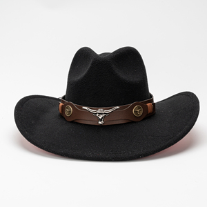 Sombrero Vaquero Occidental de Fieltro Negro en Oferta, Decoración Longhorn, Correa de Cuero Marrón, Unisex, Ala Ancha, para Uso Diario y Fiestas - Product Image 2