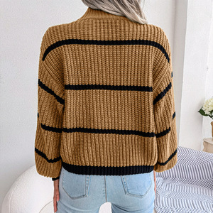Pull tricoté décontracté à col rond pour <span class=keywords><strong>femme</strong></span>, manches longues bouffantes, rayé, col montant, collection automne-hiver – Grande Vente - Product Image 4