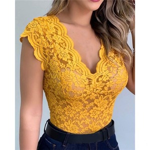 T26048 2026 Nuova Moda T-Shirt con Scollo a V e Bordo <span class=keywords><strong>in</strong></span> <span class=keywords><strong>Pizzo</strong></span> Tinta Unita - Product Image 6