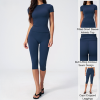 Set Yoga Kontrol Perut Wanita, Atasan Crop Top V-Neck Lengan Pendek, Celana Capri Pinggang Tinggi Pembentuk Tubuh, Celana Kaki Lebar, Bahan Stretch 4 Arah
