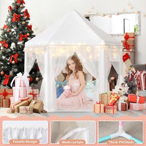 Tente de jeu pour filles, style princesse, blanche, avec décorations en pompons, grande tente de jeu pour enfants, château pour enfants, tente de jeu intérieure et extérieure pour enfants - Product Image 3