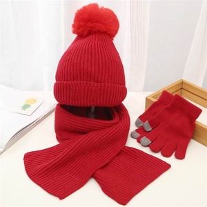 Logotipo personalizado Moda Invierno Gorro de punto Forro polar Twist Stripes Negro Rojo Blanco Amarillo Bufanda Sombrero Guante Conjuntos para niños - Product Image 2