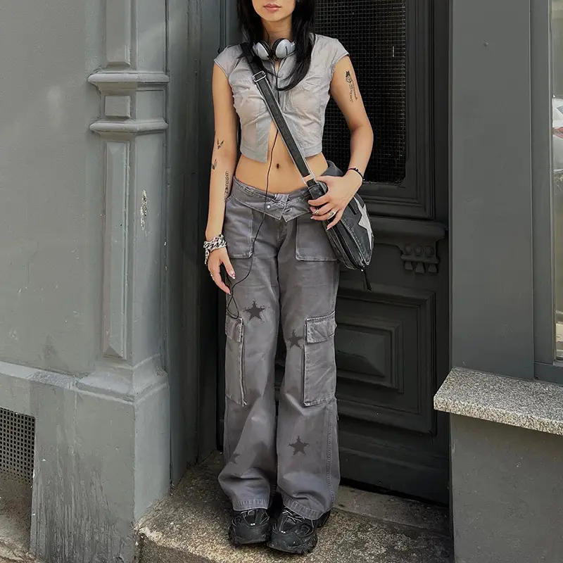 Women Spring street retro style low waist denim overalls XINGX printed large pocket design straight lounge wear pants