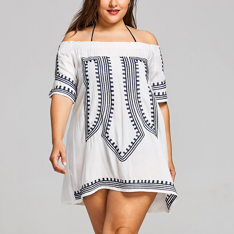 Casual White Embroider Fat Women off Shoulder Short Dress