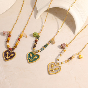 Stainless Steel Heart Necklace <b>Set</b> 18k Gold Plated <b>Beaded</b> Chain Retro Style Jewelry For Women - Product Image 2
