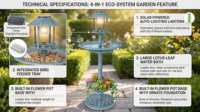 Bassin à eau pour oiseaux sauvages avec lumière LED solaire, résistant aux intempéries, en résine, en forme de feuille de lotus, bain pour oiseaux, écologique, avec piédestal en verdigris, décoration de jardin