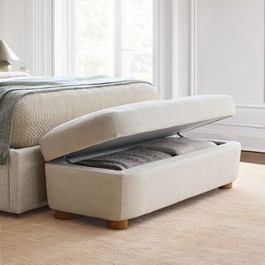 Puf Tapizado en Tela Beige - Banco Moderno <span class=keywords><strong>para</strong></span> el Pie <span class=keywords><strong>de</strong></span> <span class=keywords><strong>la</strong></span> <span class=keywords><strong>Cama</strong></span> con Patas <span class=keywords><strong>de</strong></span> Madera |   Taburete <span class=keywords><strong>de</strong></span> Almacenamiento <span class=keywords><strong>para</strong></span> Sala <span class=keywords><strong>de</strong></span> Estar <span class=keywords><strong>de</strong></span> Hotel - Product Image 2