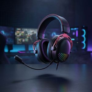 หูฟังเกมมิ่งโลหะสีแดงสไตล์เรโทรแบบขายส่ง พร้อมไฟ RGB แถบยาวหลากสี หูฟังแบบครอบหูแบบมีสาย สำหรับนักเล่นเกมอีสปอร์ต - Product Image 2