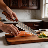 Couteau de cuisine Kiritsuke en acier Damas de cuivre de qualité supérieure et manche octogonal en bois de rose, idéal pour la découpe polyvalente des aliments