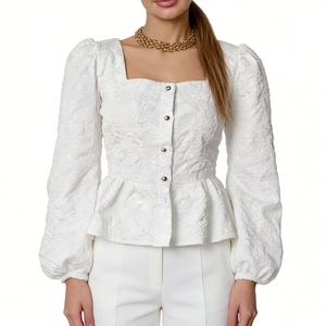 Blusa de Mujer con Cuello Cuadrado y Mangas Abullonadas de Jacquard - Camisa Casual con Botones al Frente - Product Image 6